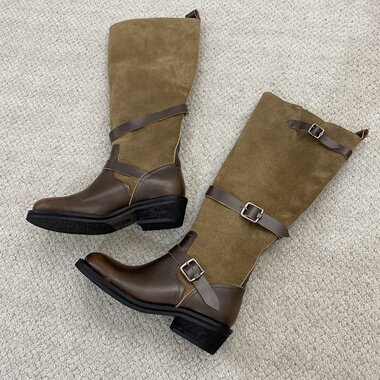 2025秋冬新款麂皮靴堆堆靴ice同款复古长靴女美拉德牛皮骑士靴女