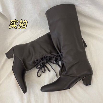 韩国东大门londonflat秋冬新款尖头中跟长靴牛皮绑带粗跟堆堆靴女