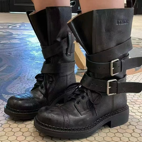 复古毒液靴做旧粗跟马靴全牛皮