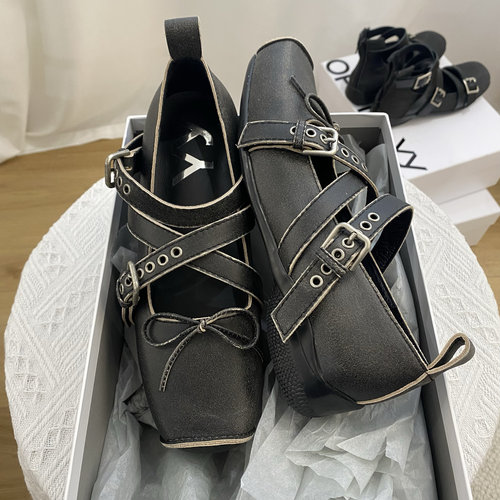 复古做旧交叉带扣休闲芭蕾舞鞋