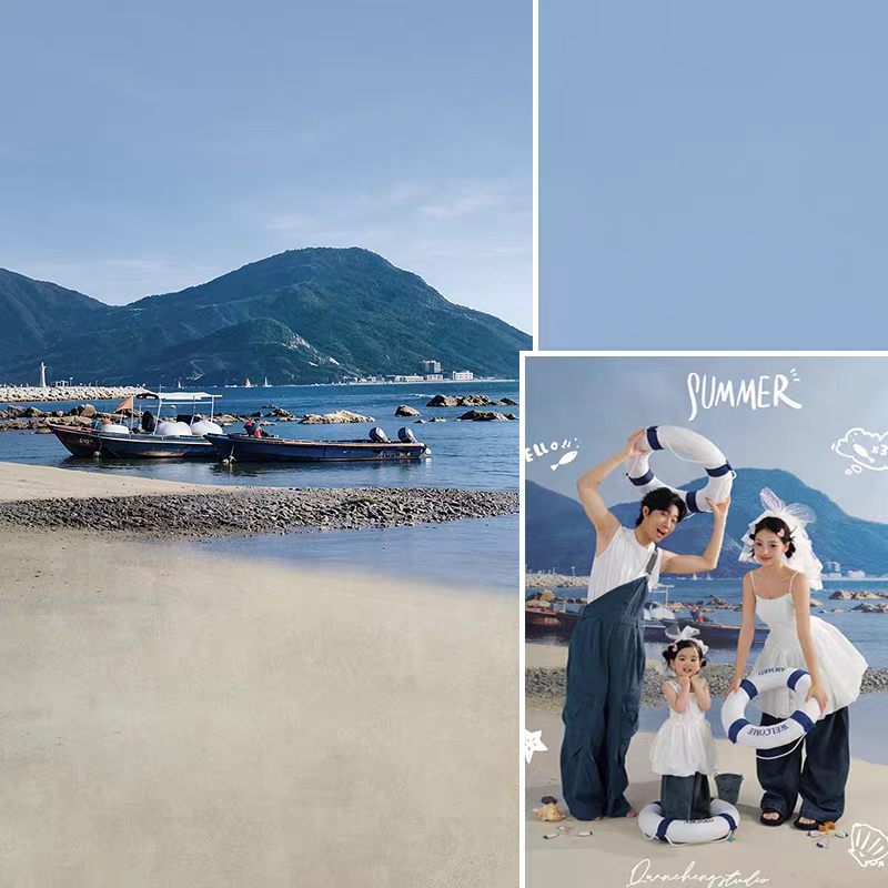 夏日海港全家福摄影背景布