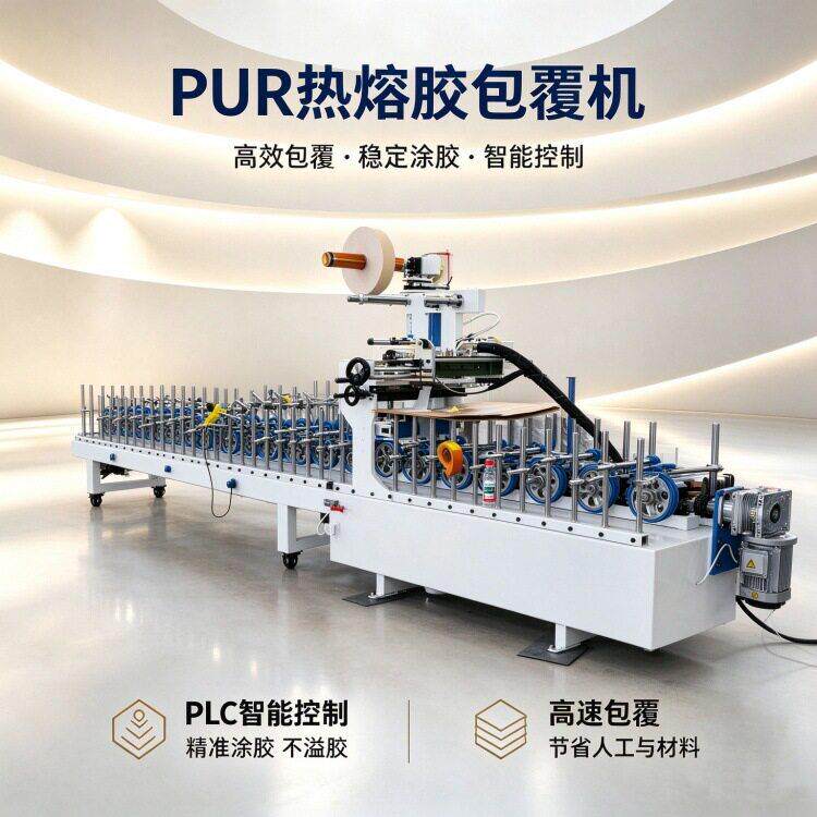 PVC型材PUR胶包覆机 多轮网格布门框腰线冷胶全自动覆膜机