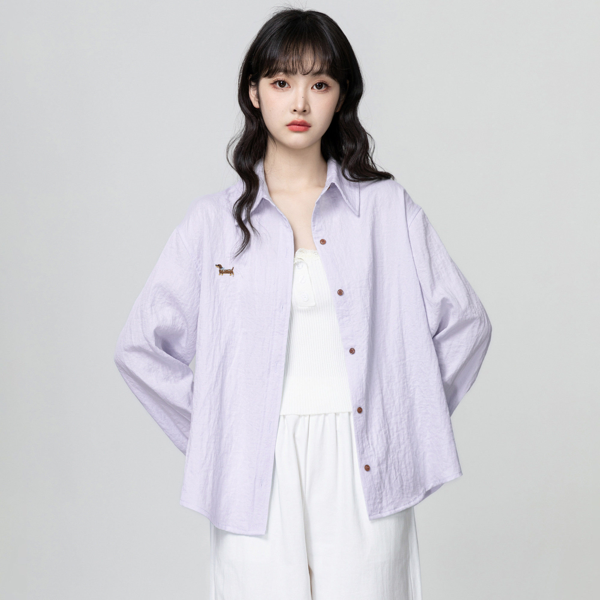 浅紫色长袖衬衫外套女春秋2026秋季新款宽松休闲防晒衬衫外搭上衣