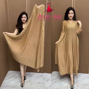 女装 2026年春季 大码 褶皱烫金连衣裙时尚 高档优雅气质减龄裙子 爆款