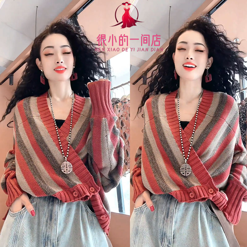 爆款复古条纹针织衫大码女装