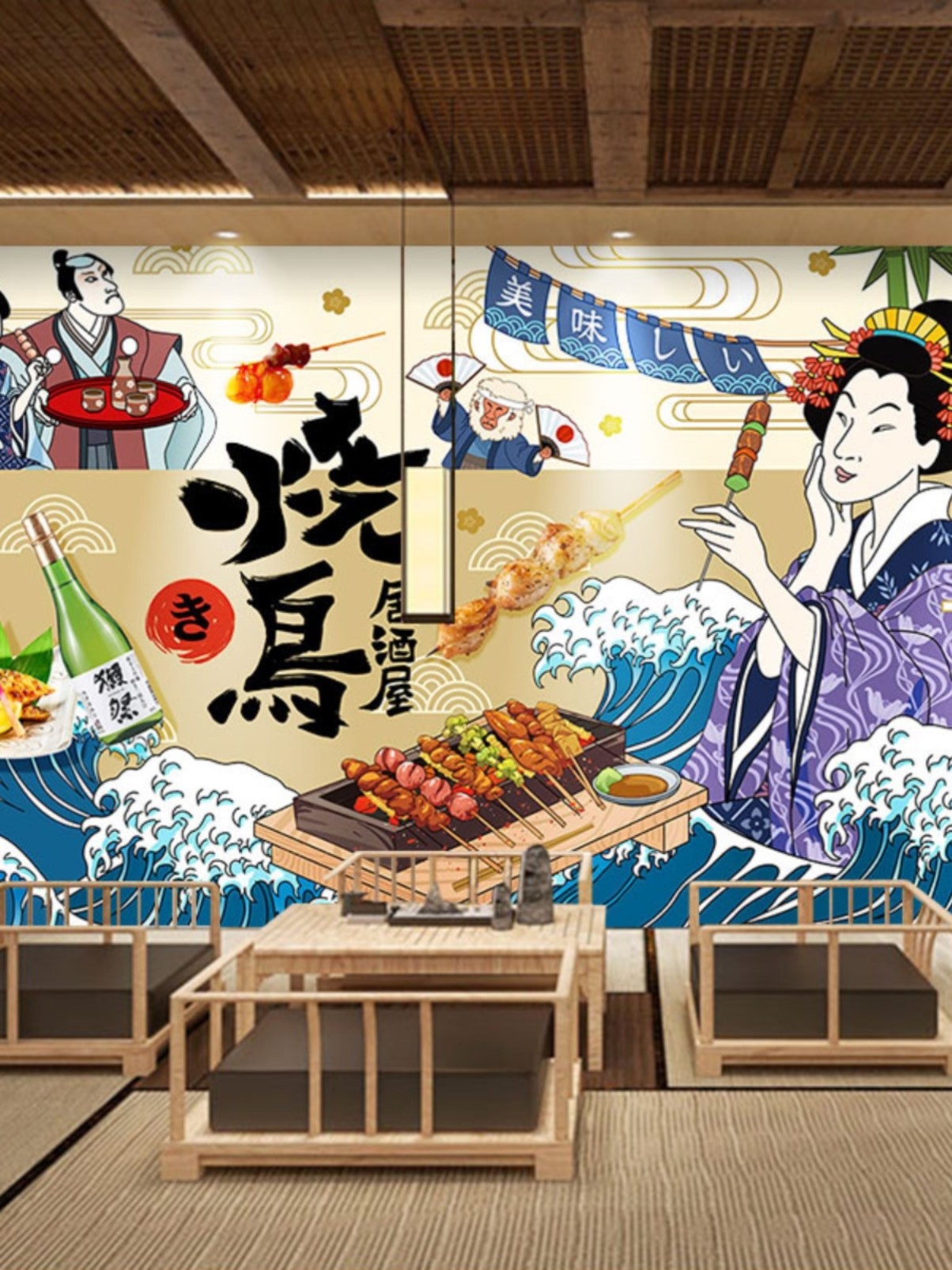 日本烧鸟装饰画墙纸日式烤肉店串烧海报墙面壁画广告纸居酒屋壁纸