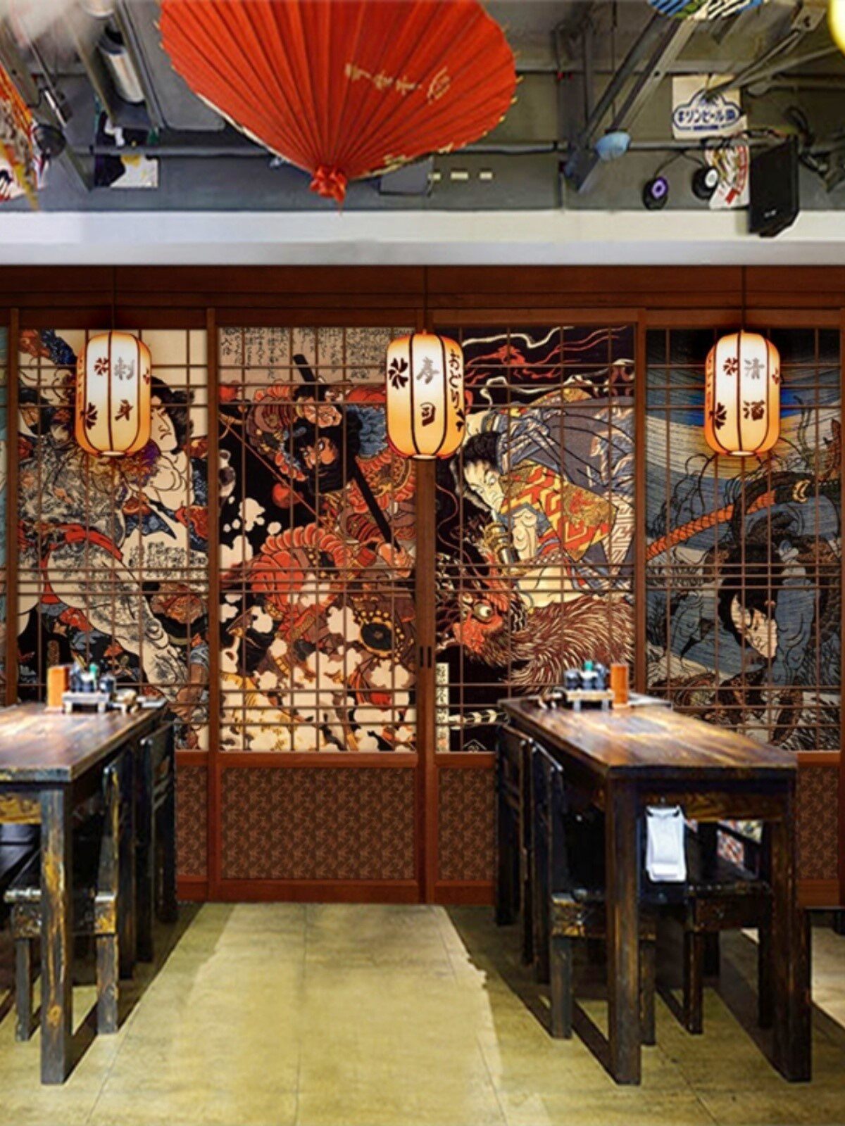 日式风格屏风壁纸日本武士壁画纹身店背景墙剧本杀包厢居酒屋墙纸