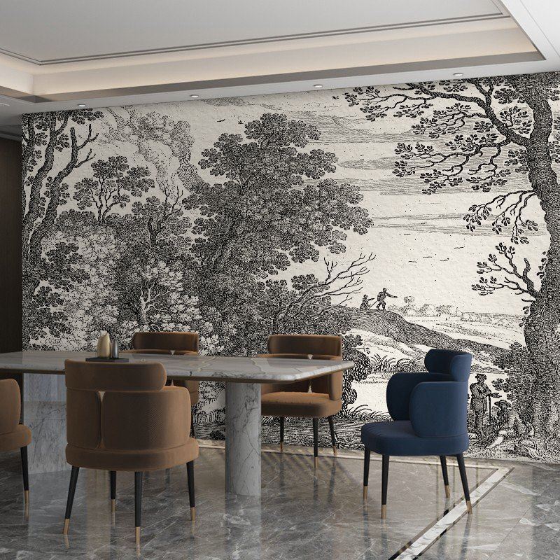法式复古网红丛林壁纸田园雨林客厅卧室沙发装饰动植物素描画墙纸图片