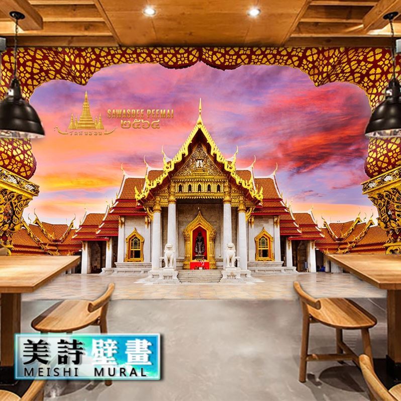 泰国宫殿建筑风景壁画泰式菜馆东南亚餐厅装饰壁纸按摩店背景墙纸