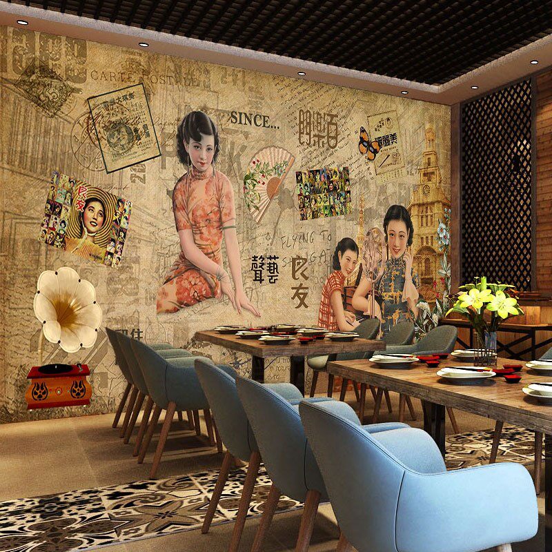 老上海滩壁纸复古怀旧背景布直播画报旧海报壁画民国风格旗袍墙纸