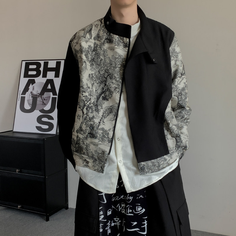 新中式拼接立领水墨画夹克大码男装山本风外套山本暗黑高级感衬衫,男装,夹克,淘宝优惠券,粉丝福利购,淘宝优惠卷