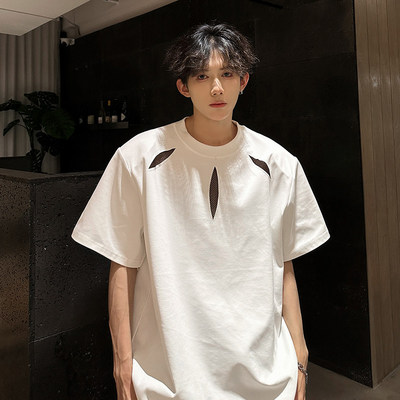 美式高街树叶镂空T恤男夏季小众