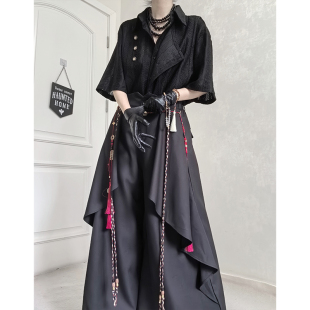 日系复古新中式大码裙裤男女款山本风流苏阔腿裙裤假两件西装裤子