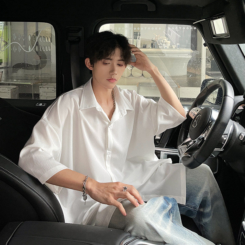 美式休闲短袖衬衫男士高级感纯色慵懒风外套少年感穿搭垂坠感衬衣,男装,时尚防晒服,淘宝优惠券,粉丝福利购,淘宝优惠卷