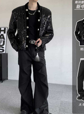 小香风短款亮片西装外套男大码buling闪光亮面夹克轻奢男装套装