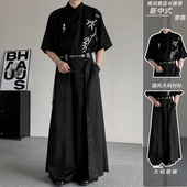 男款 大码 不规则剑道裤 新中式 套装 衬衫 假两件裙裤 中国风斜门襟短袖