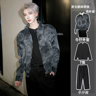 cleanfit痞帅垫肩皮衣外套男模穿搭套装设计短款夹克复古风机车服