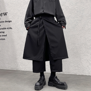暗黑系假两件裙裤男原创小众大码剑道裤设计感不规则黑武士裤子