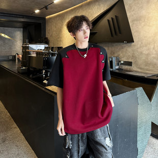 美式 痞帥高級感拼接小領口短袖 潮牌發型師半袖 休閑插件T恤男夏季