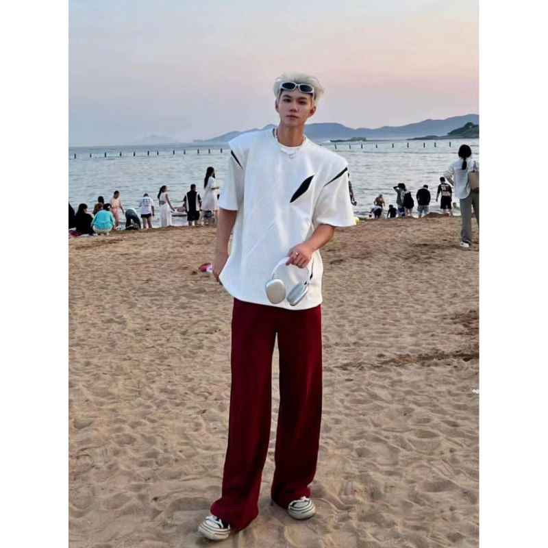 小众解构分割设计T恤男美式高街小领口垫肩短袖痞帅高级感半截袖,男装,时尚防晒服,淘宝优惠券,粉丝福利购,淘宝优惠卷