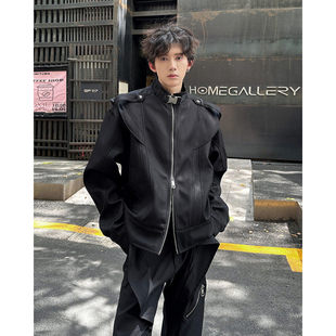 男模穿搭套装黑色立领短款垫肩外套男生美式飞行员夹克高级感痞帅