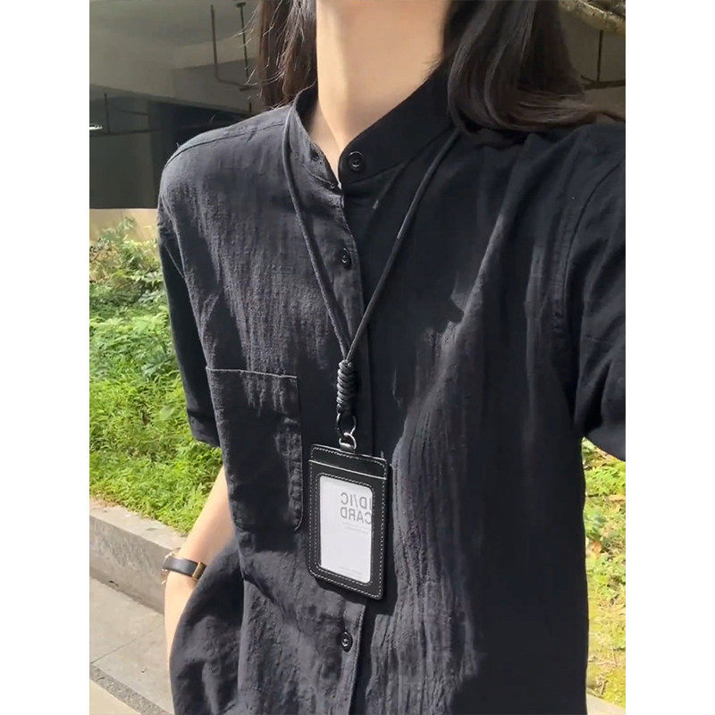 新中式黑色棉麻短袖衬衫男女款高级感立领衬衣休闲宽松亚麻上衣服