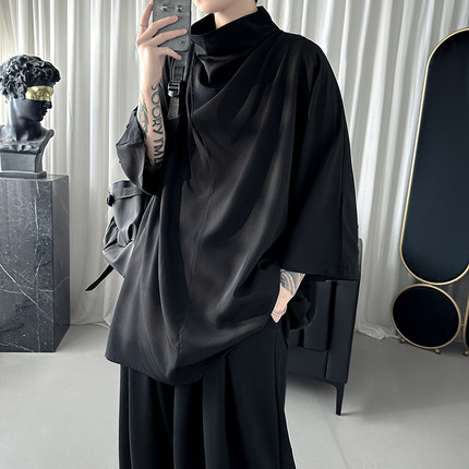 山本风冰丝短袖男大码小众设计痞帅高级感t恤暗黑系高堆领7七分袖