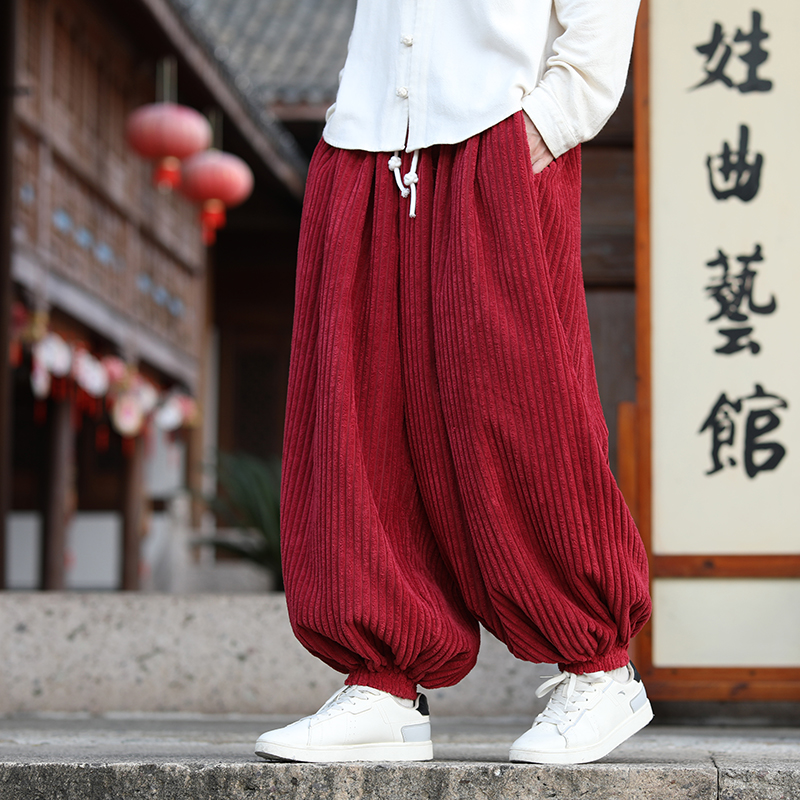 国风本命年红色灯芯绒阔腿裤子