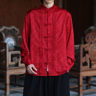 红色提花衬衫中式唐装秋冬中国风男装盘扣汉服中式衬衫立领衬衣定