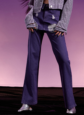 XI.VERGENCE紫色假两件破洞全棉牛仔裤