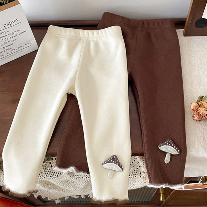 女小童加绒打底裤秋冬季加厚一体绒立体蘑菇外穿长裤女宝宝保暖裤