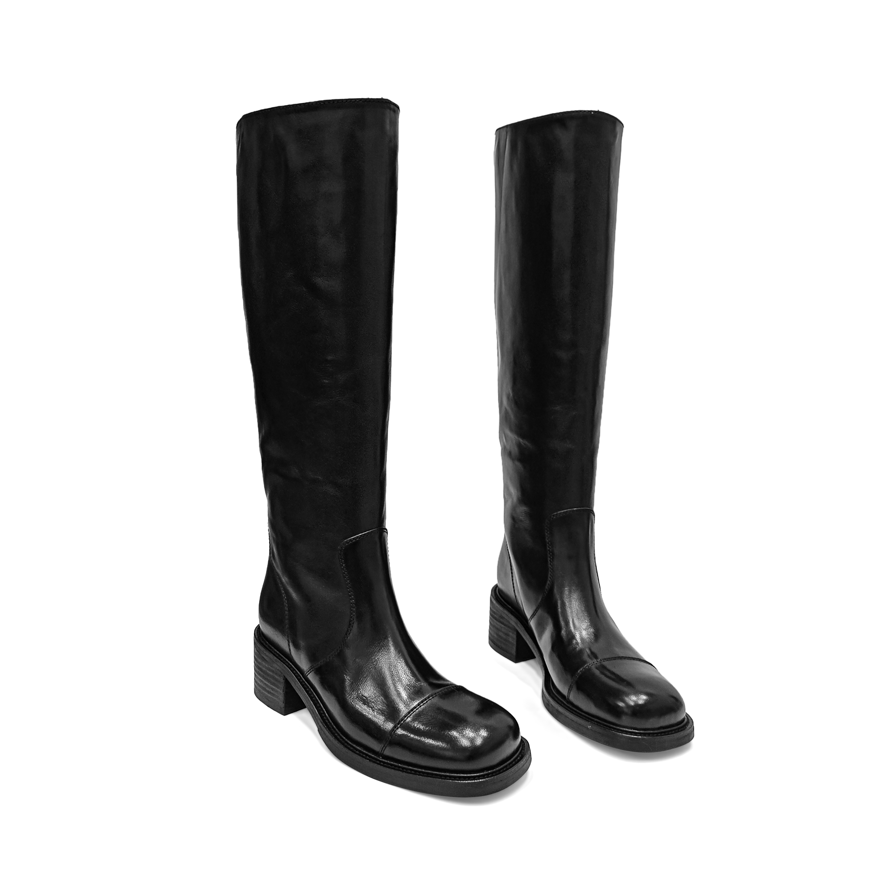 时装靴黑色女鞋圆头高筒靴秋冬时尚一脚蹬粗跟不过膝骑士冬季女靴