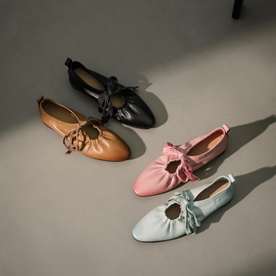 简约休闲法式玛丽珍鞋2026新款蝴蝶结尖头系带浅口单鞋复古低跟鞋