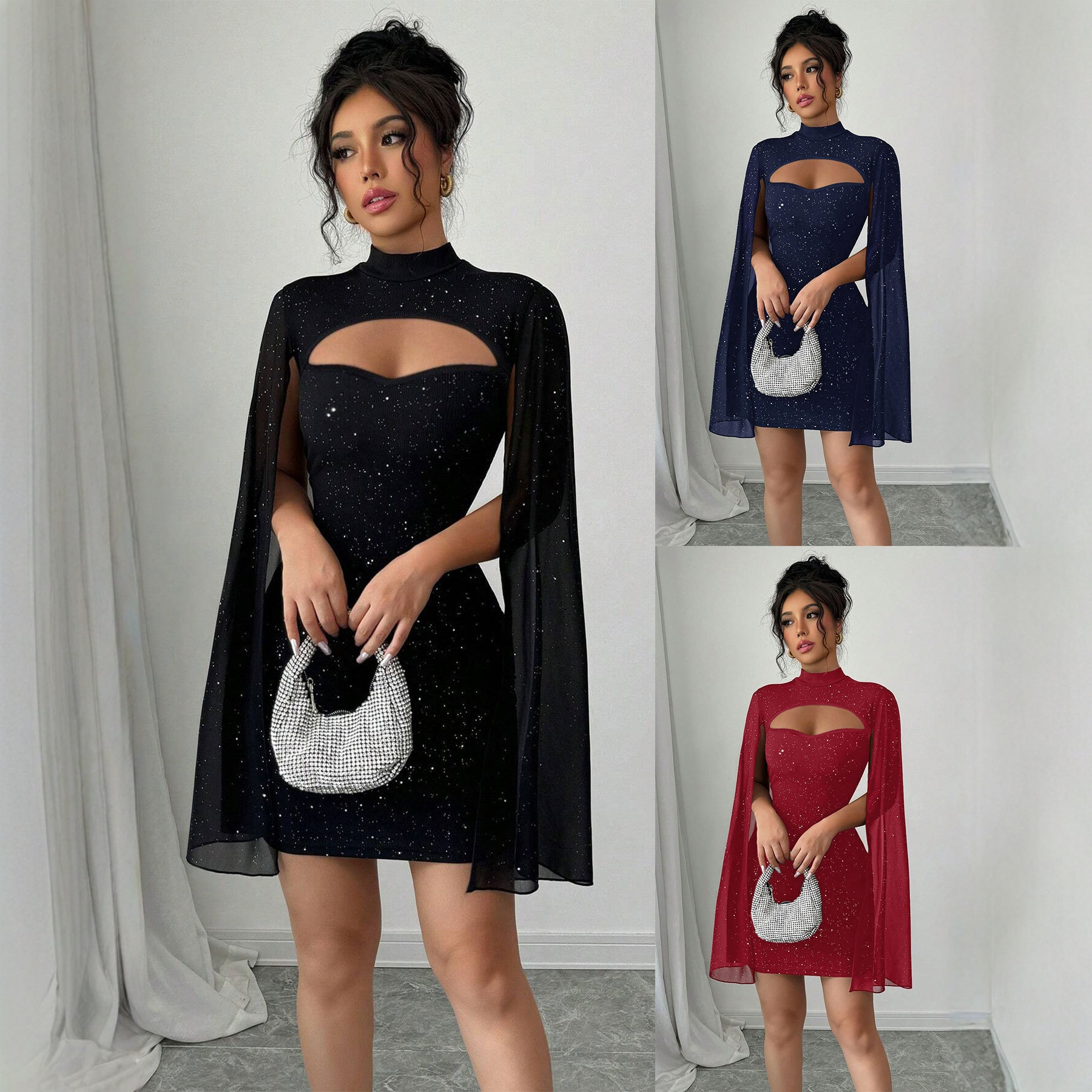 跨境欧美女装亚马逊速卖通圆领坑条珍珠雪纺斗篷包臀连衣裙女