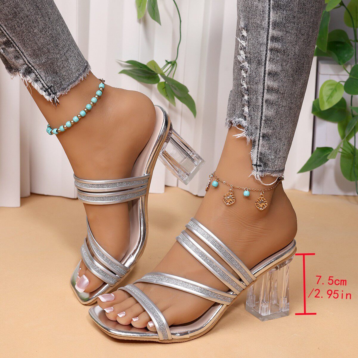 35-45码 41大码女鞋44欧美水晶跟拖鞋女43新款高跟鞋方头凉鞋女42