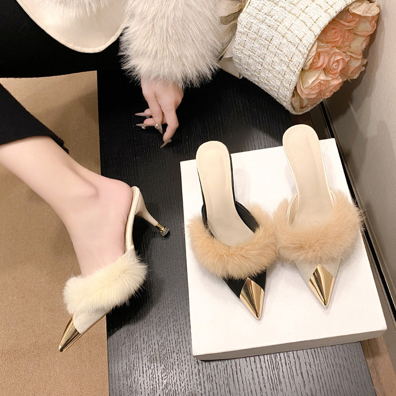 35-45码 大码毛毛拖鞋44外穿高跟包头半拖43尖头懒人试衣间女鞋42,女鞋,一字拖,淘宝优惠券,粉丝福利购,淘宝优惠卷