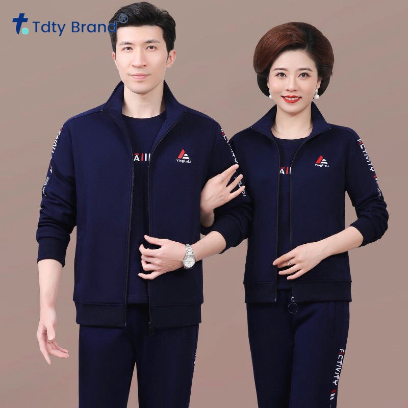 中年情侣运动套装男士春秋爸爸妈妈跑步服中老年休闲卫衣加绒加厚
