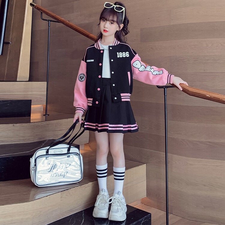 2025女童学院风套装裙子春秋新款大童洋气亲子装外套女孩棒球服