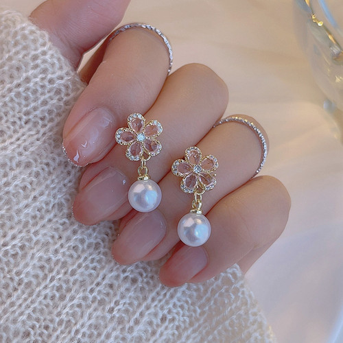 清新甜美优雅女粉色花朵耳环气质