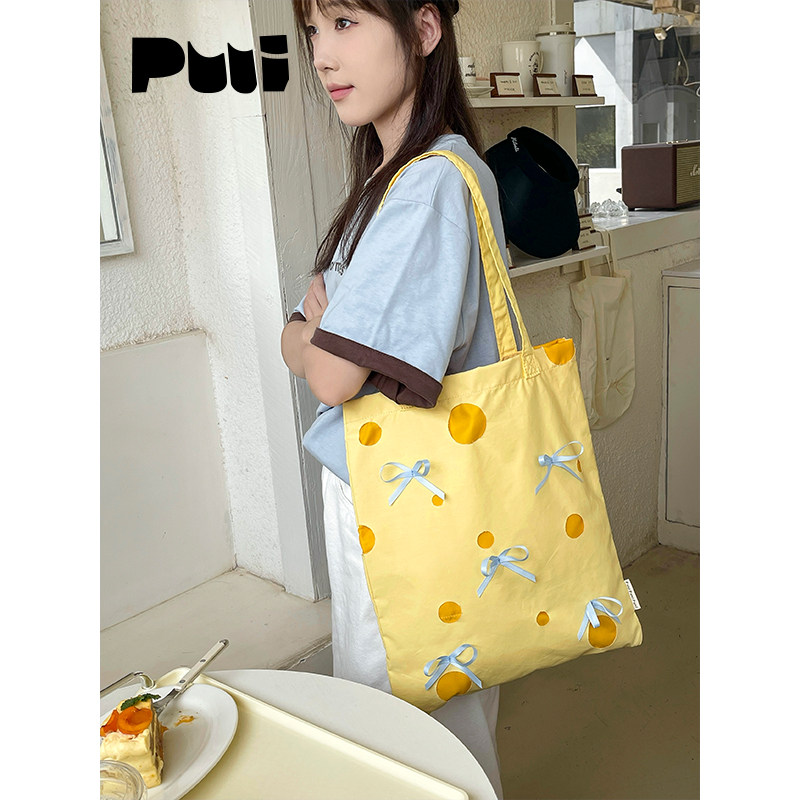 puui原创生活大容量帆布包可爱奶油风大学生单肩包蝴蝶结帆布袋