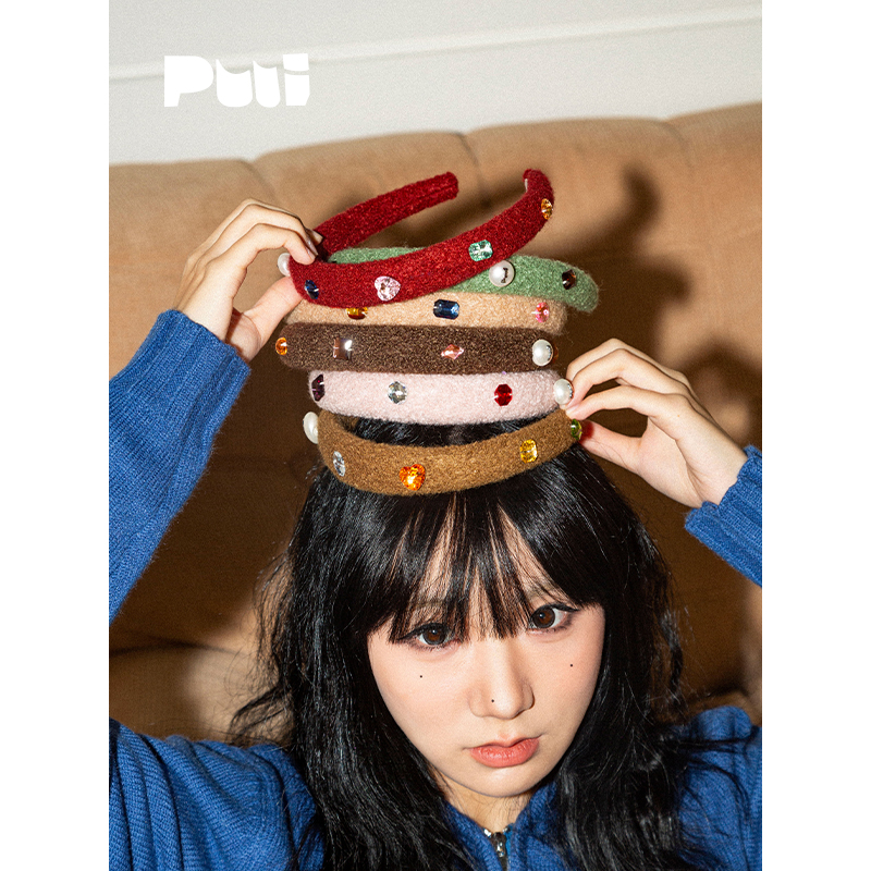 puui原创生活宽边宝石发箍法式复古秋冬高颅顶珍珠头箍羊羔毛发饰