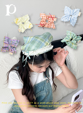 puui原创生活新款头巾式发箍发饰三件套格纹简约韩式ins发圈发夹