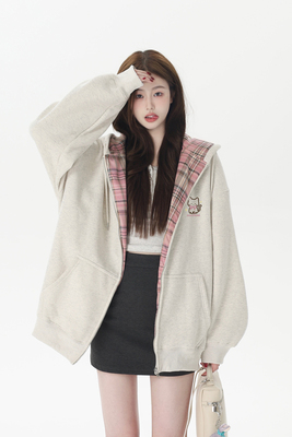 RTYHY 花灰色连帽加绒卫衣外套女春季款撞色格纹拉链帽衫开衫上衣