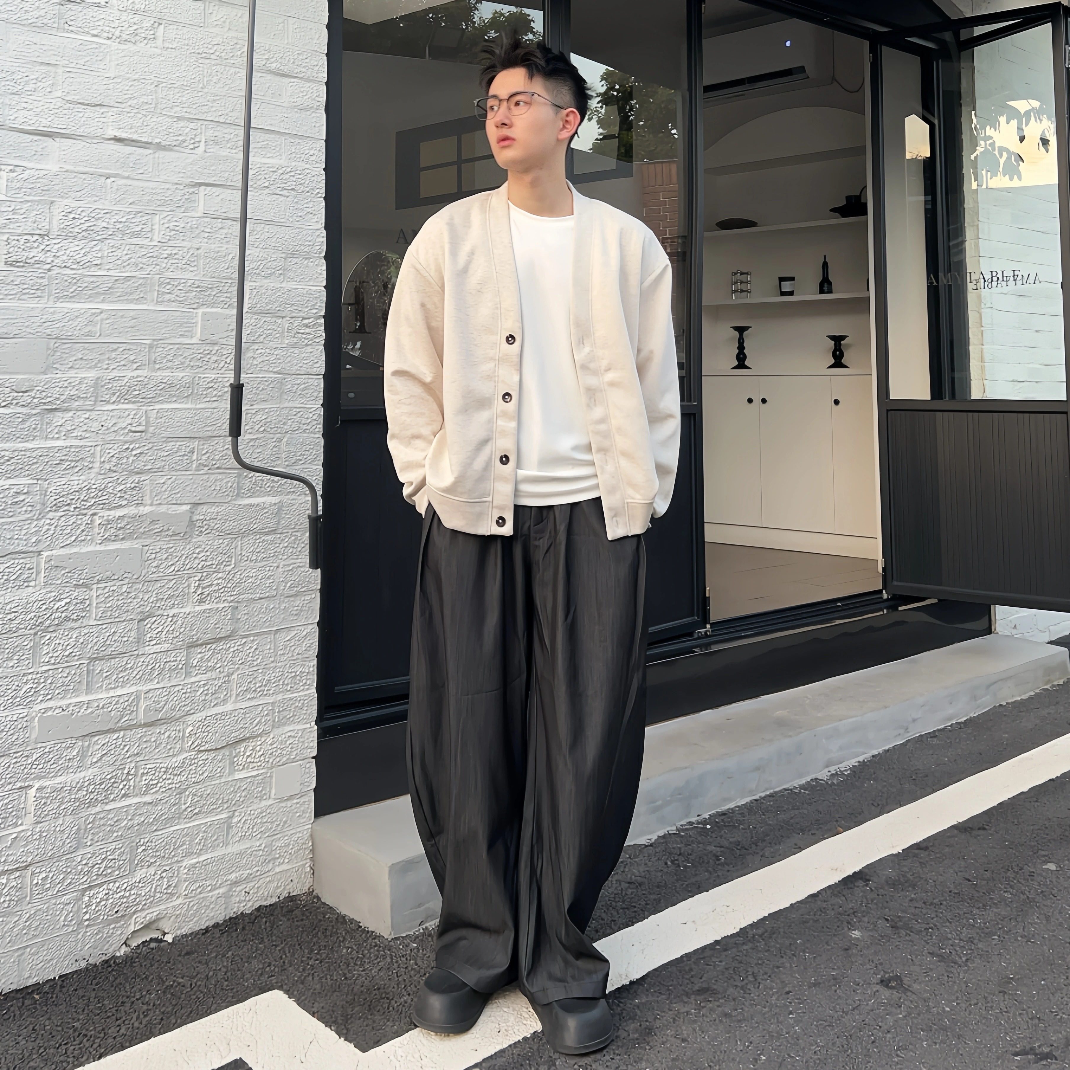 STYLAZE「双面彩纱 小马刺绣」排扣V领开衫男韩系修身开衫外套