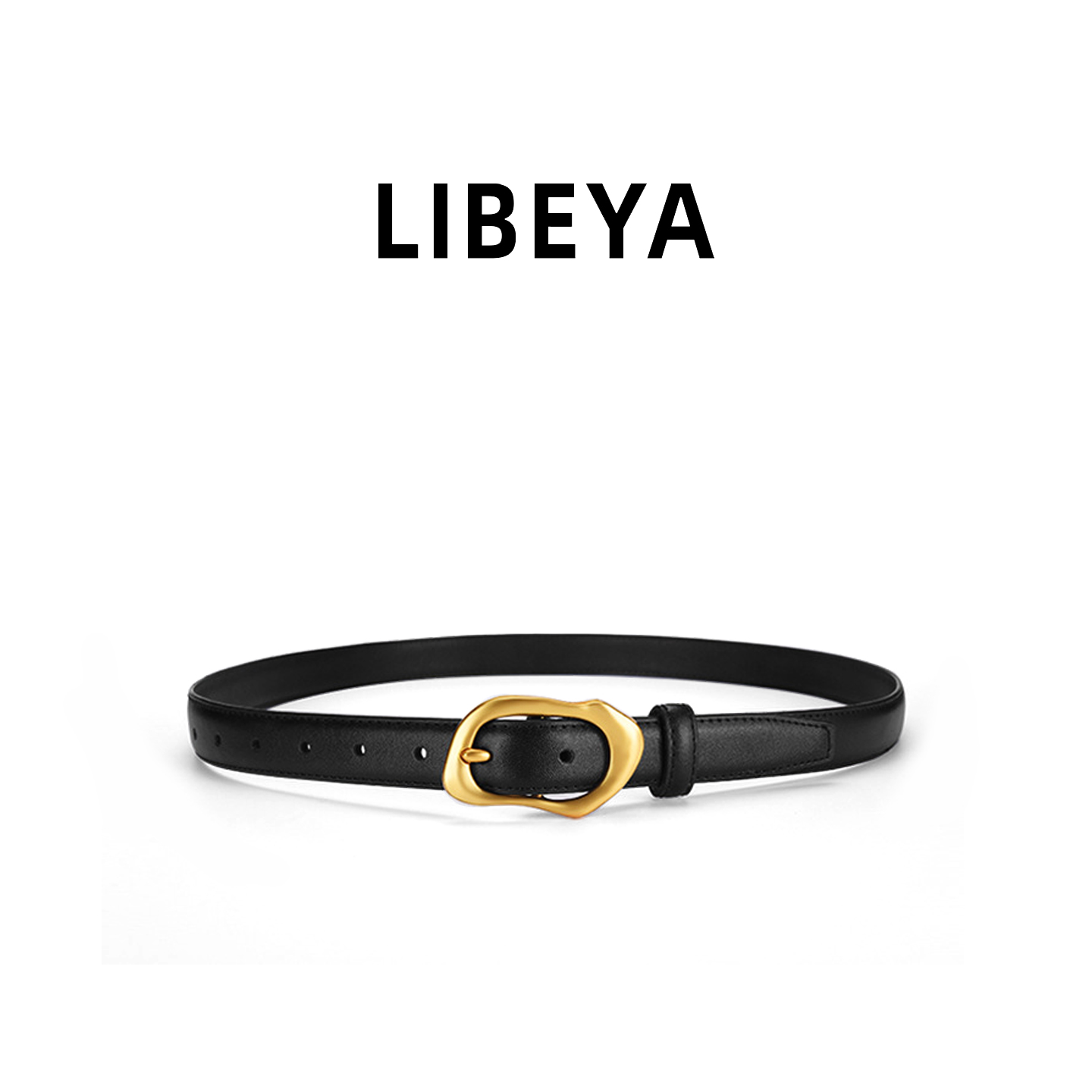 LIBEYA真皮细腰带女黑色金扣设计感小众百搭配牛仔裤皮带牛皮裤带