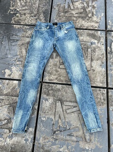 皇帝自主 水波纹高街牛仔裤闪电纹做旧水洗赤耳牛仔裤