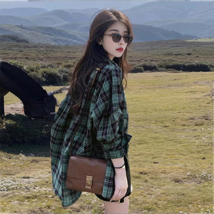 女夏季 外套长袖 薄款 宽松衬衫 上衣 小个子外搭开衫 绿色格子防晒衬衫