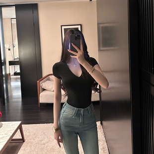 SX善喜2色入修身基础百搭短袖T恤女V领弹力收腰显瘦气质内搭上衣