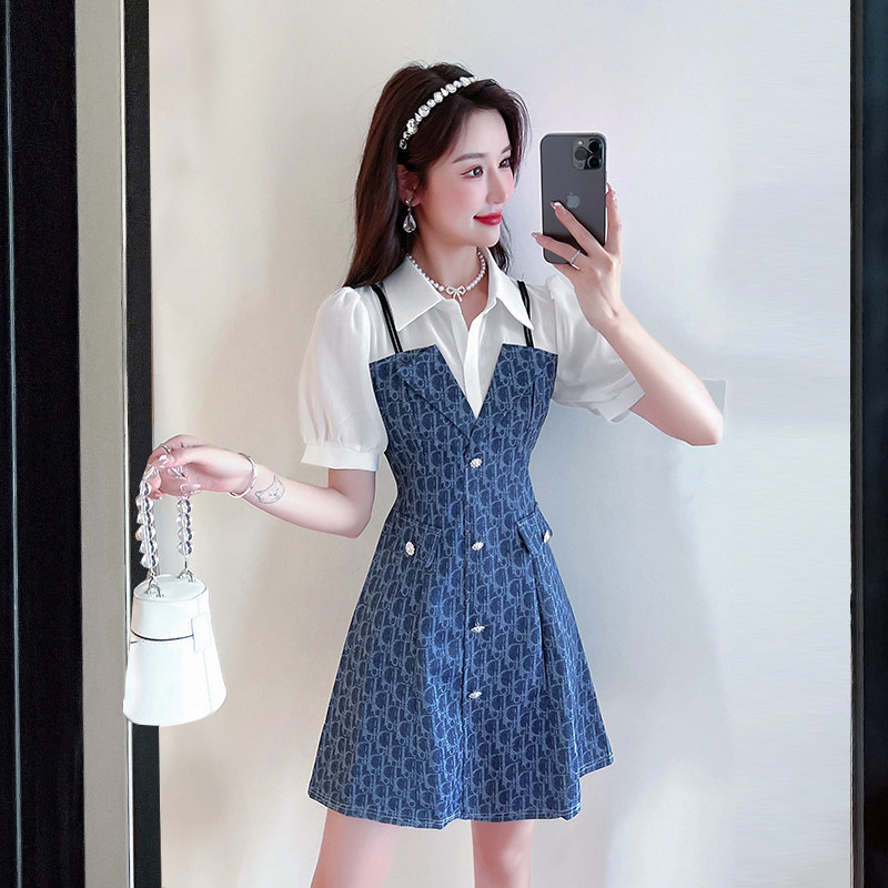 甜辣小香风气质通勤职业A字高级感显瘦假两件衬衫式连衣裙女夏季