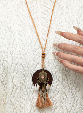 新中式禅意木质长款民族风项链镶